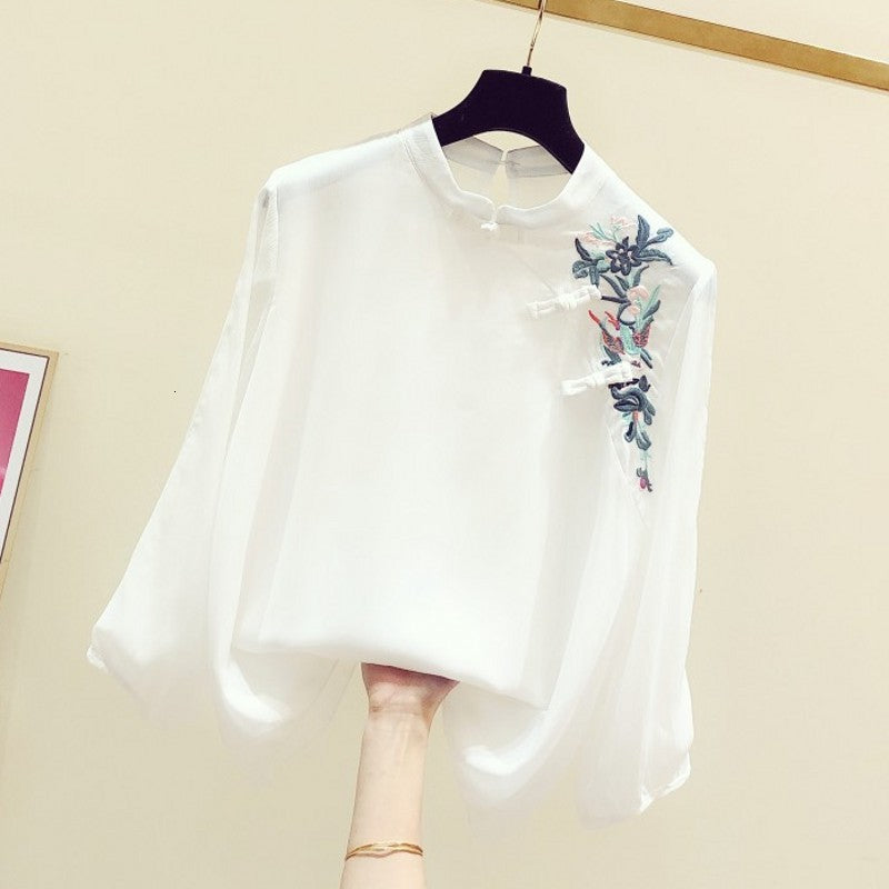 blouses Spring Hand-made Embroidery Floral Retro Button Three-quarter Sleeve Shirt Women&#039;s Impd Cheongsam Top Blouse Femme