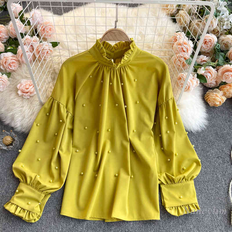 blouses Beaded Ruffled Collar Shirt Women Cloth Lantern Sleeve Loose Tops Female All-match Solid Color Blouse Blusas Femme Nancylim