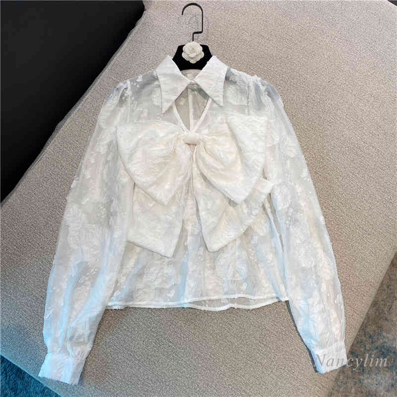 blouses White Bow Lace Shirt Women Spring Arrivals Korean Style Sweet Embroidery Pearl Buckle Mesh Top Blouse Lady Blusa