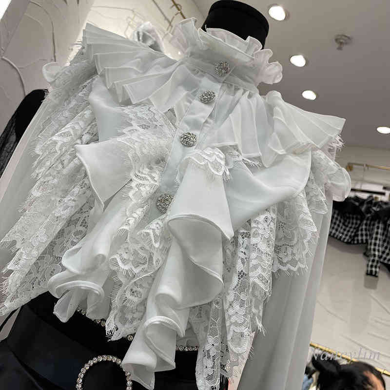blouses Elegant Lace Chiffon Shirt Women&#039;s Ruffles Collar Long Flare Sleeve Button Blouse Lady Chic Top White Black Blusa