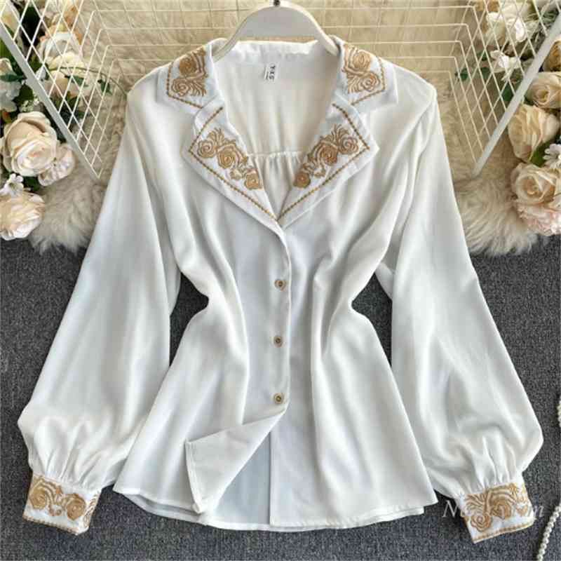 blouses Autumn Women&#039;s Retro Machine Embroidery Business Suit Collar Temperament Wild Long Sleeve Blouse Office Lady Tops Blusa