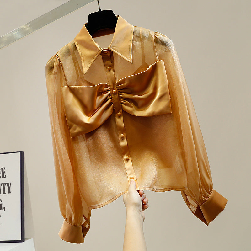 blouses Sweet Bow Single-breasted Transparent Organza Shirt Women&#039;s Long Sleeve Shirts Autumn Lady&#039;s Tops Blusas