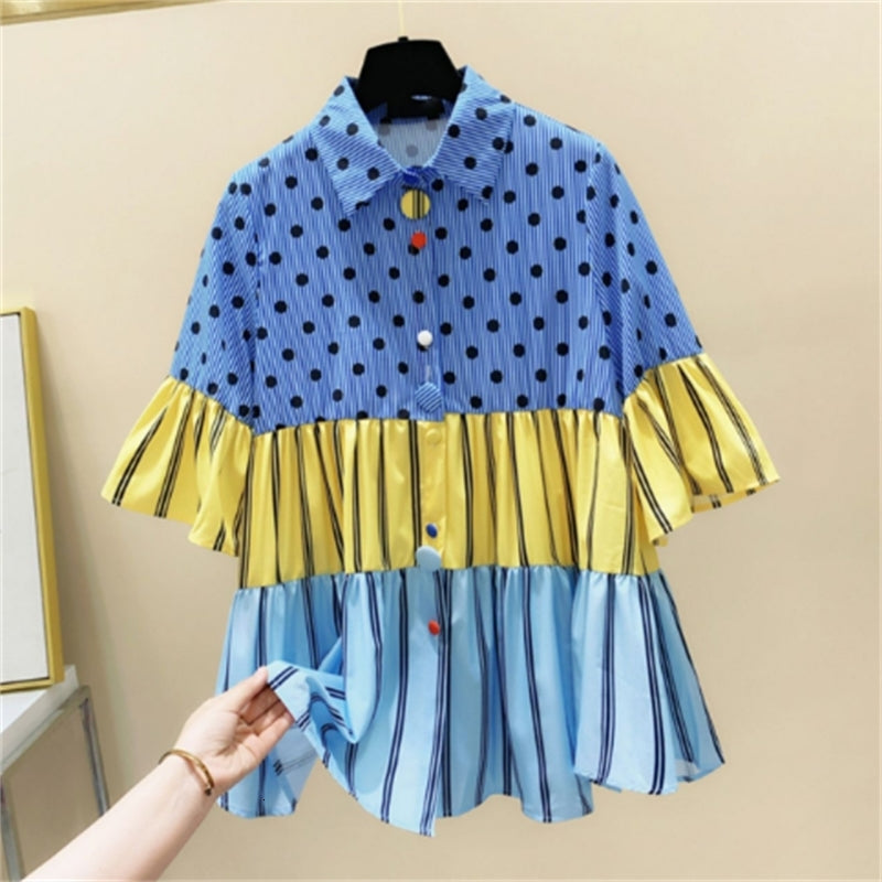 blouses Woman Bloue Summer Contrasting Color Shirt Women Polka Dot Stitching Striped Ladies Blouses Tops Blusas Femme