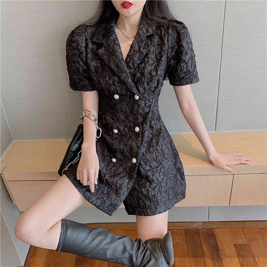 dress French Double-breasted Suits Women White Temperament Bubble Sleeve Pleated Above Knee Short Vestido Black Plus Size