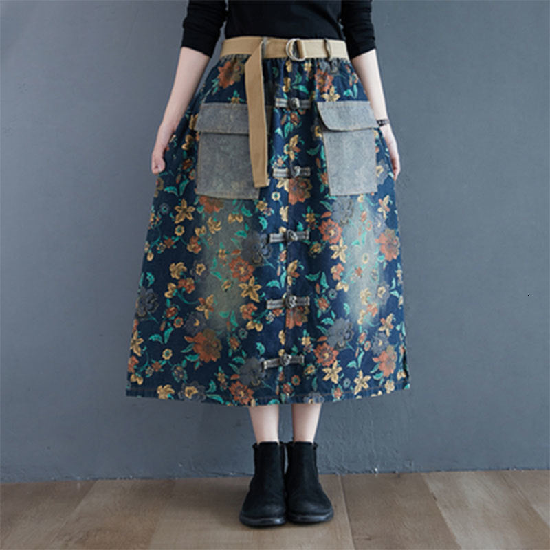 skirts Arrival Spring Autumn Arts Style Women High Waist Loose Skirts Double Pocket Vintage Print Denim Long Skirt S13 Yhy9