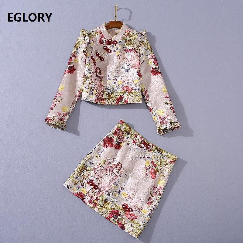 skirts Princess Women&#039;s Set Autumn Winter Designer Fashion Ladies Angel Girl Print Long Sleeve Coat Jacket+Vintage Print Skirt Set