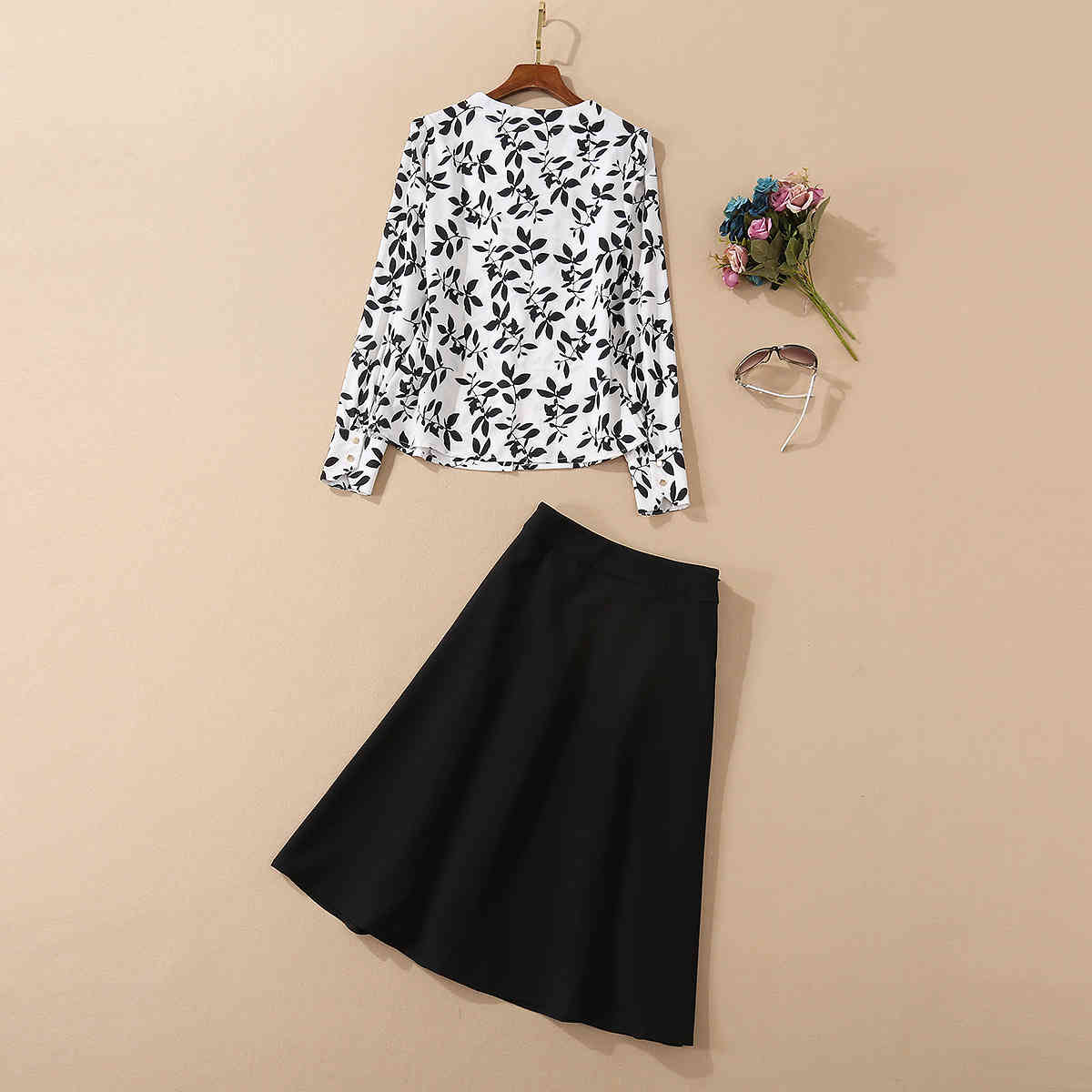 skirts Top Quality Skirt Suits Autumn Style Women V-Neck Leaves Print Long Sleeve White Shirts+High Waist A-Line Skirt Set 2pc