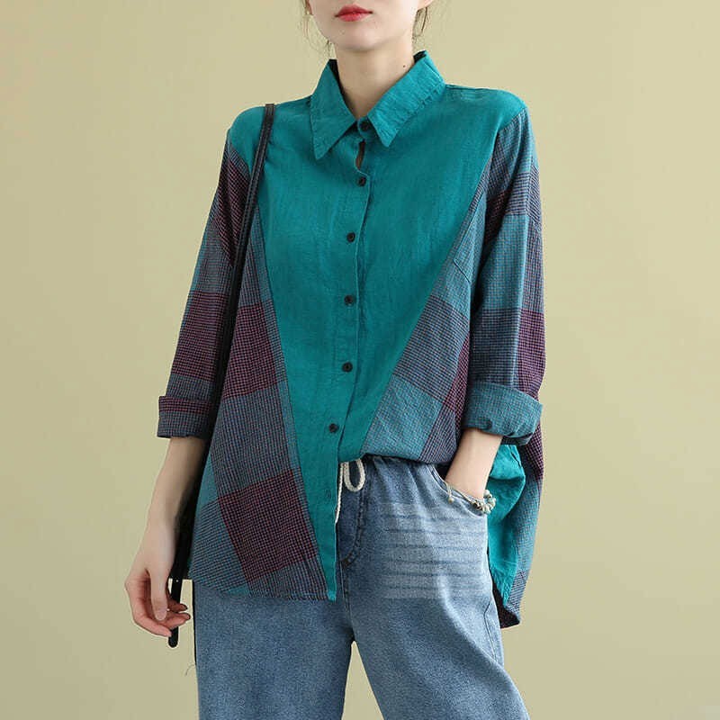 t shirts Spring Autumn Arts Style Women Long Sleeve Loose Casual Shirts Cotton Linen Patchwork Plaid Blouses Plus Size M474 Lmdr