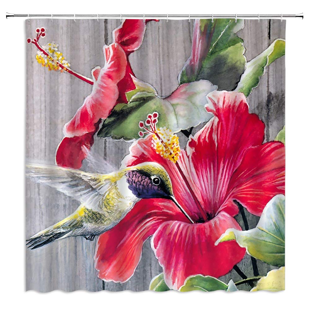 Hummingbird Flowers Shower Curtain,Watercolor Painting Flowers Birds Blooming Flowers Leaves Light Wood Plank Background