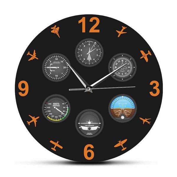 Flight Instrument with Military Aircrafts Modern Wall Clock Aviator Home Decor Wall Art Silent Timepiece Plane Lovers Pilot Gift 210325