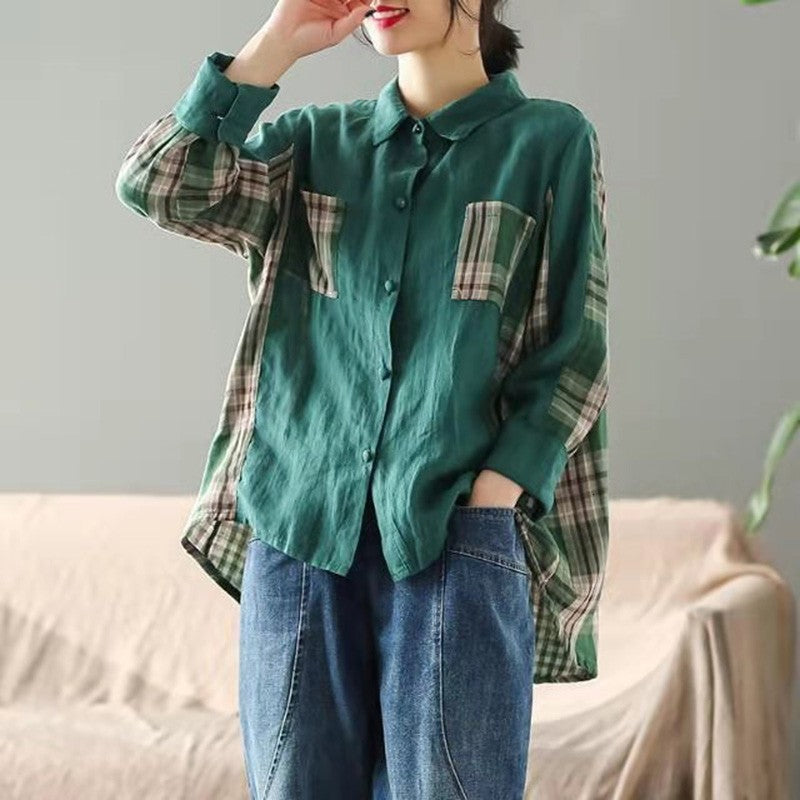 blouses Arrival Spring-autumn Arts Style Women Loose Casual Long Sleeve Turn-down Collar Blouse Cotton Plaid Patchwork Shirt W34 Vckm
