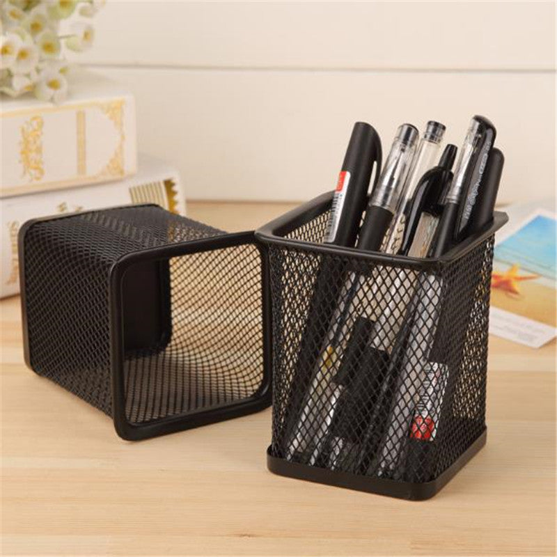 Black Hollow Iron Pencil Holder Case Office Desk Metal Mesh Square Pen Container Organizer 122878