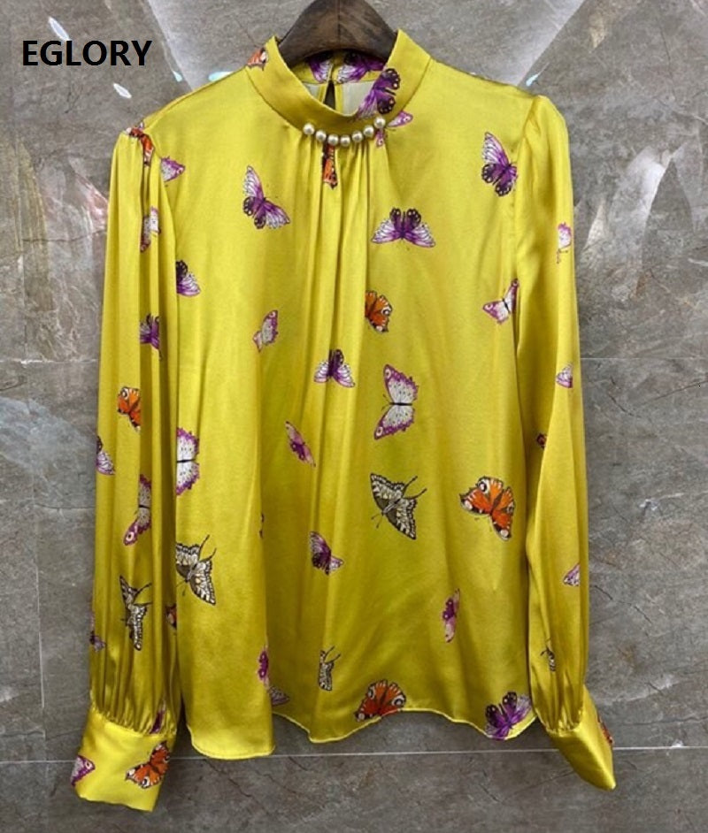 skirts 100%Silk Blouse Shirt Spring Summer Style Women Stand Neck Butterfly Print Beading Deco Long Sleeve Blue Yellow Tops Shirt