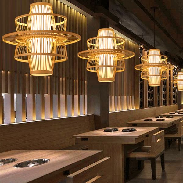 2021 Modern Bamboo art Pendant Lamp light Fixture Japan style Tatami Hand knitting Hanging for Dining Room Restaurant tea