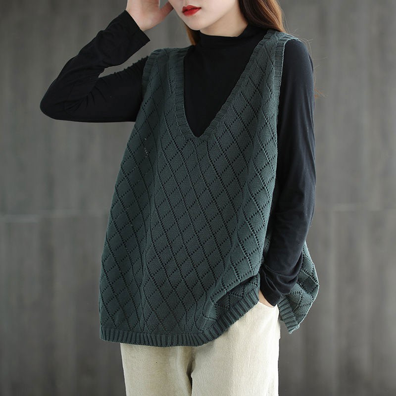 sweaters Arrival Spring Autumn Arts Style Women V-neck Sleeveless Knitting 100% Cotton Loose Rhombus Sweater Vest Plus Size V149 44as