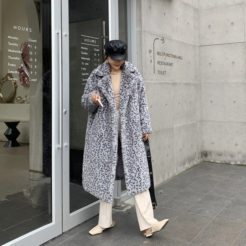jacket 2021 Winter Thick Warm Leopard Long Teddy Coat Women Outerwear High Quality Loose Suit Collar Faux Rabbit Fur Jacket Female