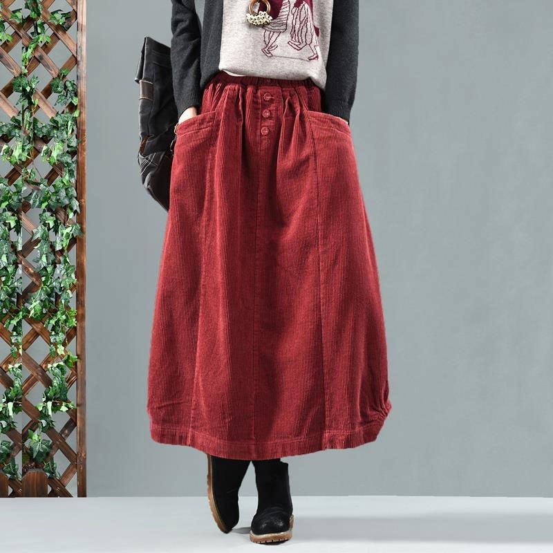 skirts Autumn Arts Style Women High Waist Vintage Cotton Corduroy Long Skirt Double Pocket Loose Casual Solid A-line Skirts M268 Onws