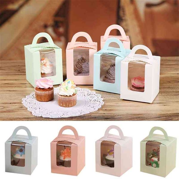 50pcs Cupcake Box with Window and Handle Cake Carrier Small Cake Gift Container for Bakery Wedding Party Birthday Supply TUE88 210326