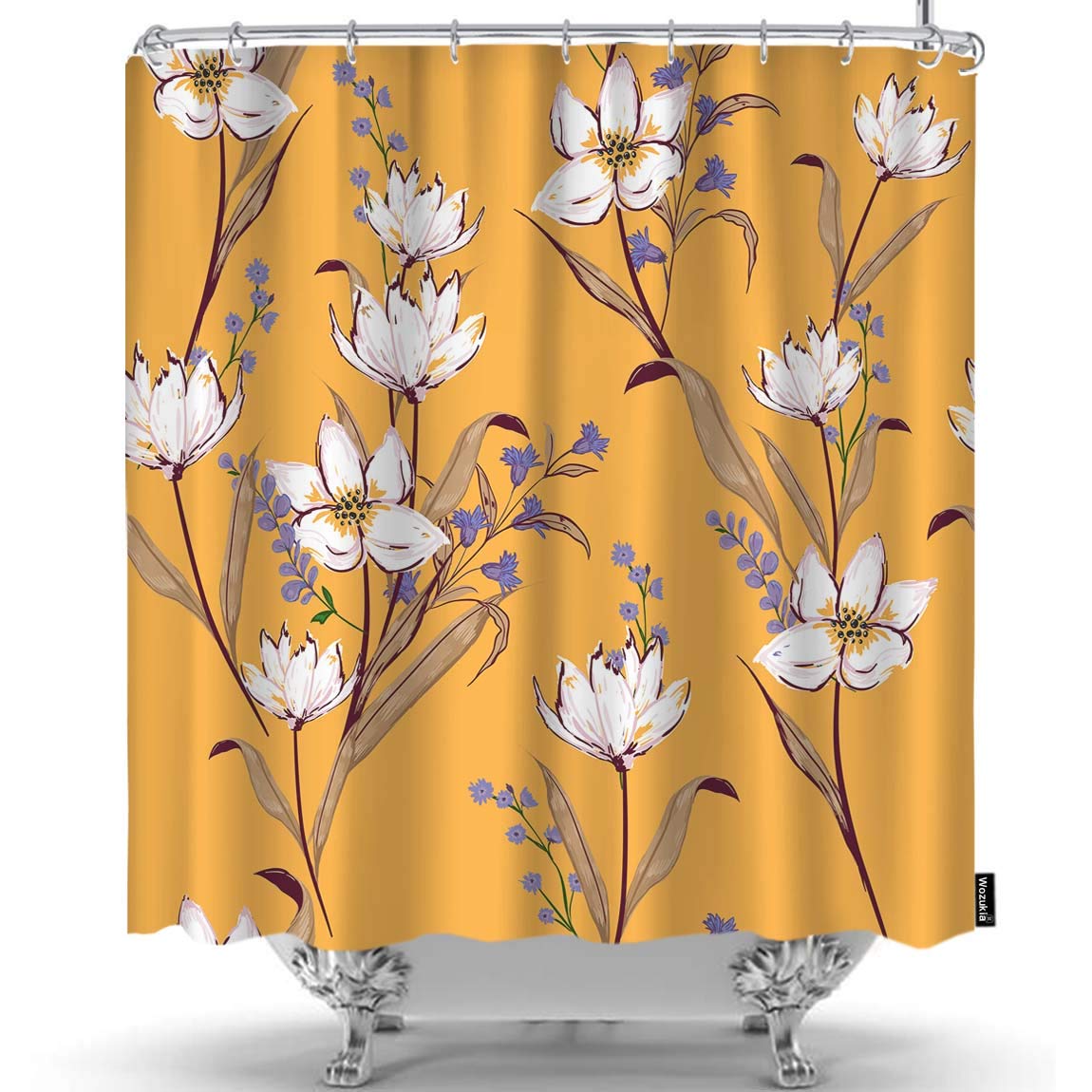 Floral Pattern Shower Curtain Blooming White Flowers Botanical Motifs Scattered Random Orange Shower Curtains Home Decorative
