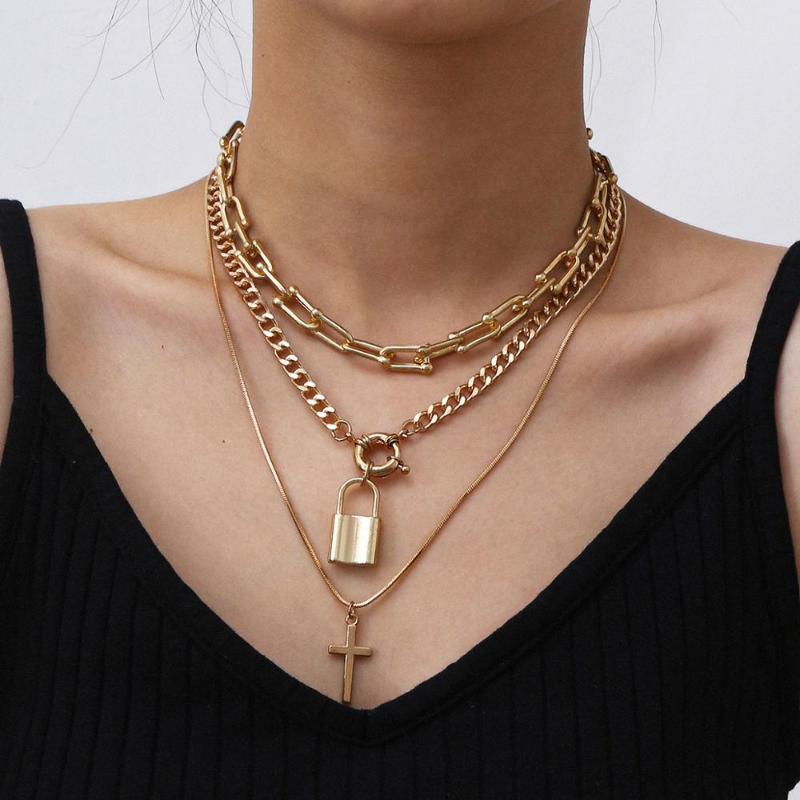 Multi Layer Lover Lock Pendant Choker Necklace Steampunk Padlock Cross Chain Collier Couple Jewelry Gift Necklaces