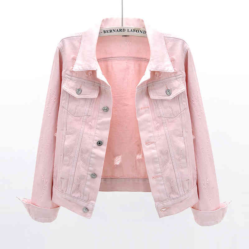 jacket Spring Autumn Fashion Pink White Denim Jacket Women Big size Slim Long Sleeve Short Frayed Jeans Jackets Coat Ladies Outerwear