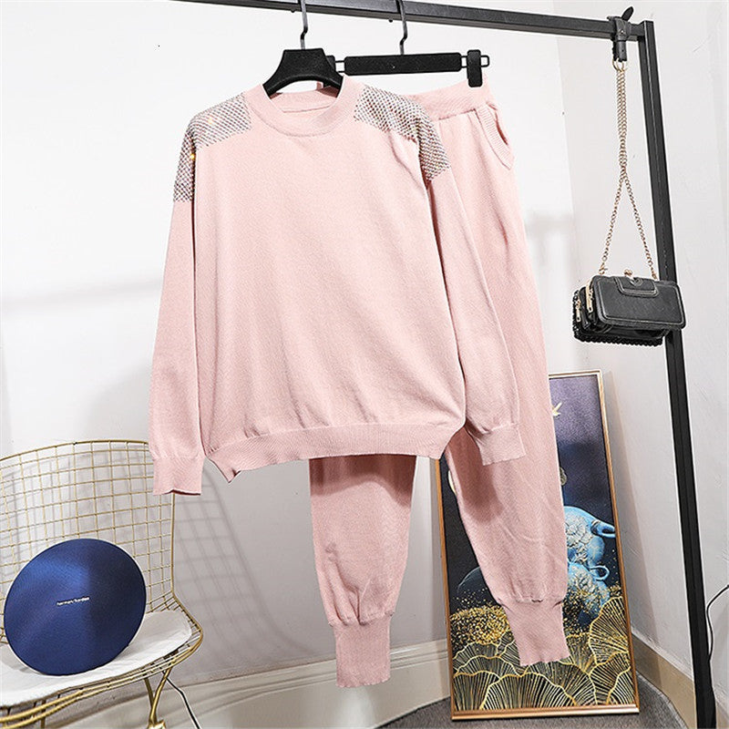 pant Pink Black Knitted Tracksuit Women Set Shoulder Diamond Sweater Pants Female Two Piece Outfits Knitting Pullover Trousers 2pcs