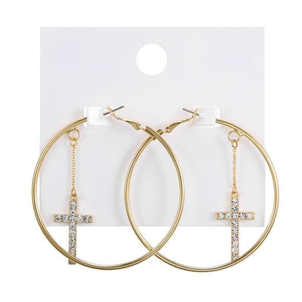 Korean Design Minimalist Gold Color Big Hoop Earrings With Crystal Cross Pendant Women&#039;s Vintage Cross Charm Hoops Earring