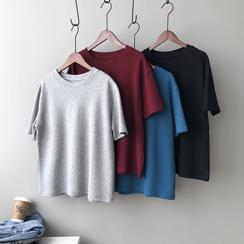 Mooirue Summer Women Cotton T-shirt Solid Color Korean Loose Thin Round Neck Wine Red Gray Blue White Tee Top Khco