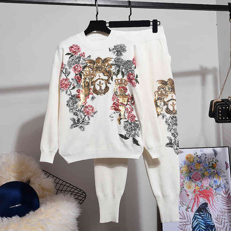 pant Set Female Autumn Fashion Sequin Flower Knitted Sweater Sports Pencil Pants Tracksuit Women Loose Black Knitting 2 Piece Outfits
