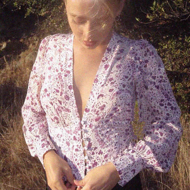 blouses Vintage Blouse Women Manches Bouffantes Deep V Neck Floral Print Button Up Chic Elegant Shirts chemisier femme Tops