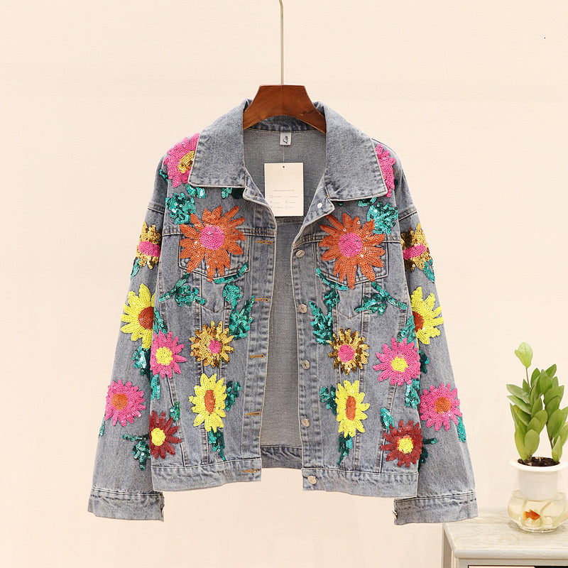 jacket Sequin Flower Denim Coat Spring Autumn Fashion Big size Loose Basic Outerwear Women Casual Jeans Jacket Female