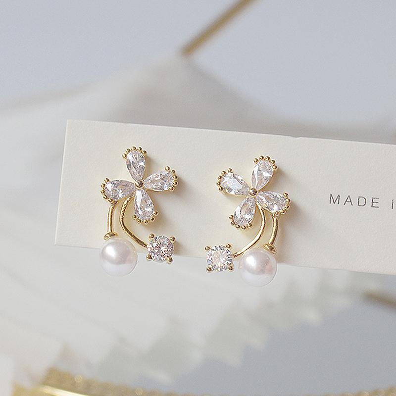 Stud 2021 Simple Charm Tiny Flowers Earrings For Women 14K Real Gold Zriconia Pearl Wedding Jewelry Pendant Gifts