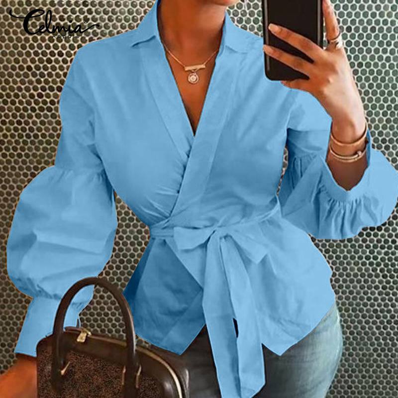 blouses 5XL Celmia 2021 Fashion Lantern Sleeve Tops and Blouses Women Vintage Belted Shirts Casual Loose V-Neck Elegant Blusas Plus Size