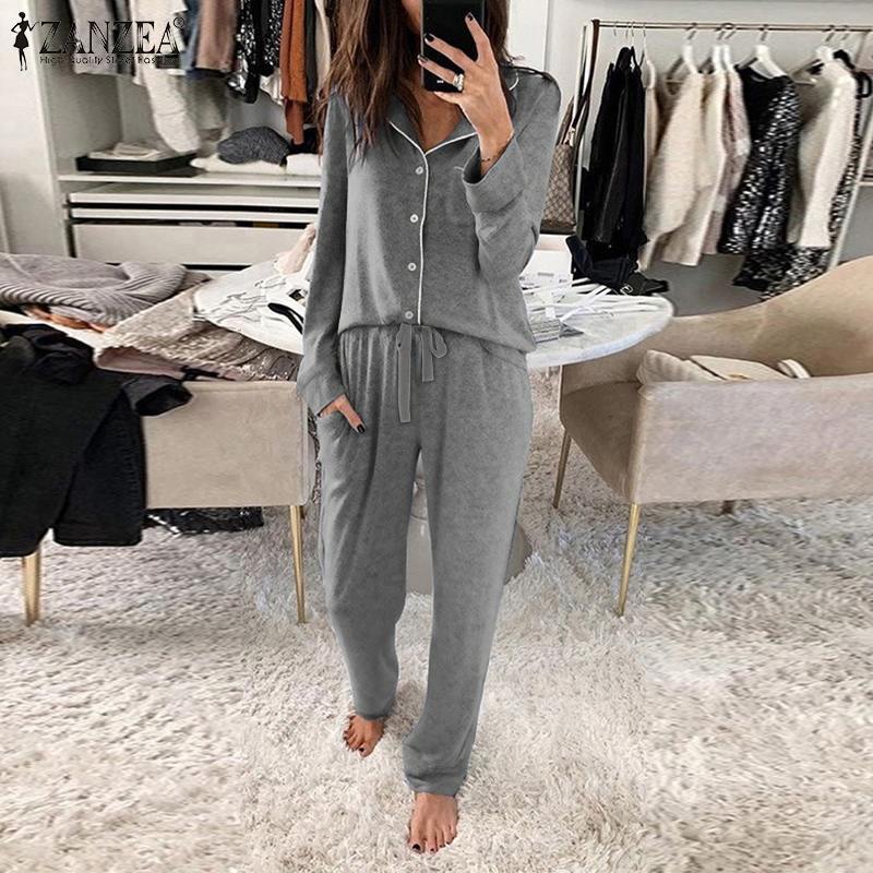 underwear ZANZAE Women Pajama Sets 2021 Spring Autumn Solid Laple Collar Knitted Cardigan Sleepwears Casual Loose Nightwear Plus Size 5XL