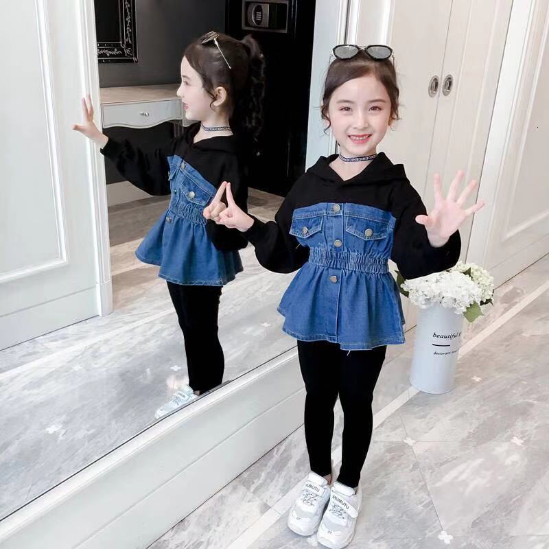 Children&#039;s suit Teen Girls Denim Jacket+pants Set Kid Fashion Jeans Coat Fall Children Hoodie Clothes Patchwork Girl Outerwear Clothing 4-12