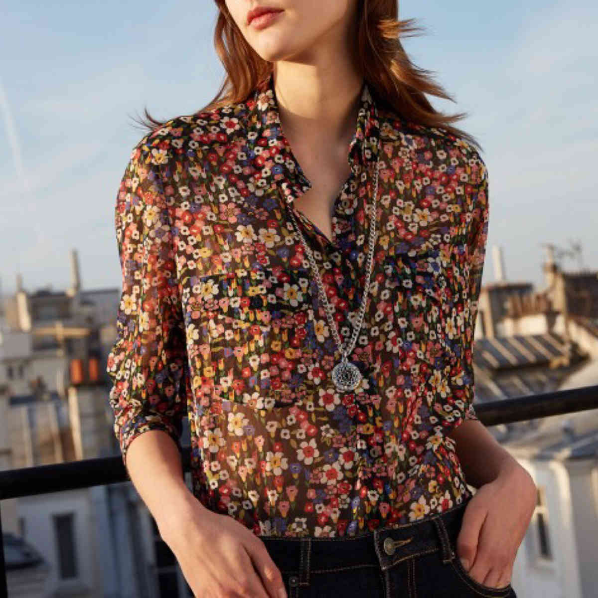 blouses Golden Line Floral Print Shirt Autumn Casual Long Sleeve Button Up Pocket Chic Blouse Office Lady Women Top Shirts