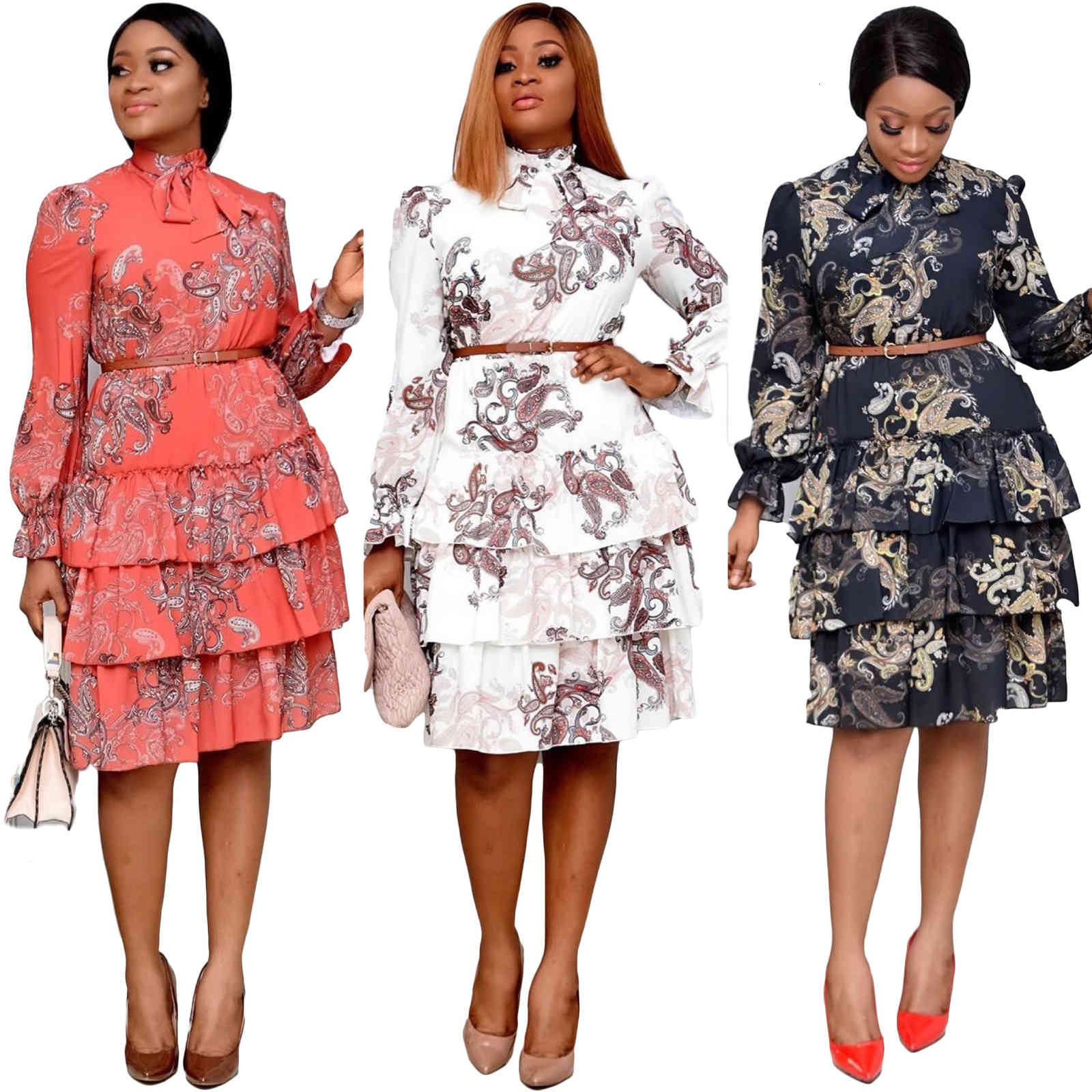 dresses Spring Autumn New For Patchwork Clothes Robe African Women Long Sleeve Work Office Pleated Dress