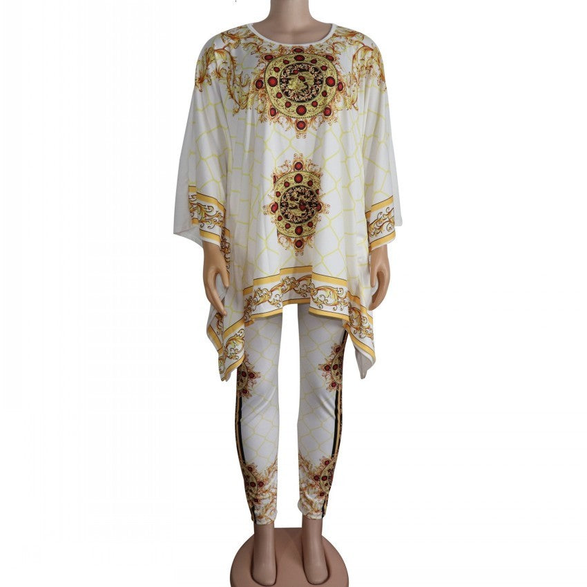 dresses New African Print Elastic Bazin Baggy Pants Rock Style Dashiki SLeeve Famous Suit For Lady-women Top And Leggings 2pcs-se