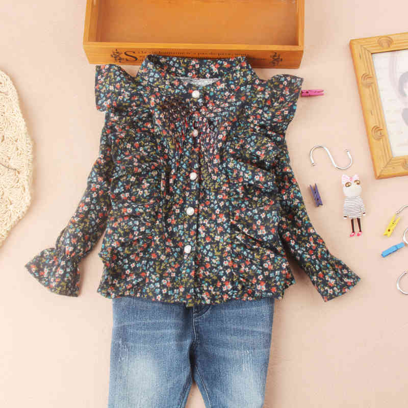shirts Fashion Shirts for Teenage Girls Flower Print Button Blouses Toddler Girl Fall Clothes Cotton Children Ruffle Sleeve Tops 2-16Y