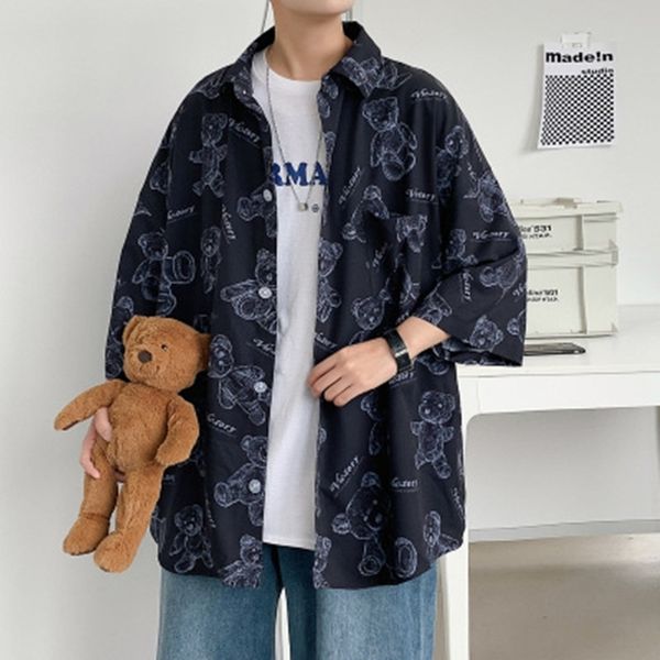 Men&#039;s 2021 summer loose short sleeve trend youth thin cartoon bear men&#039;s shirt