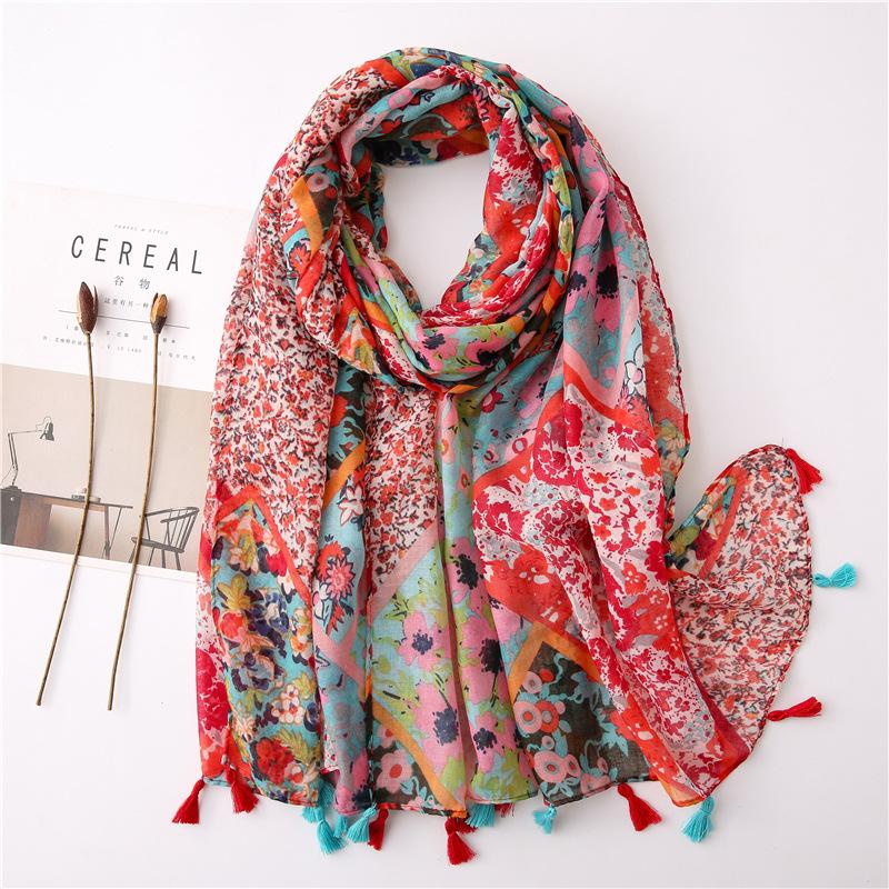 Scarves Bright Floral Scarf For Women Cute Large Painting Hijab Head Blanket Soft Wrap [6680]