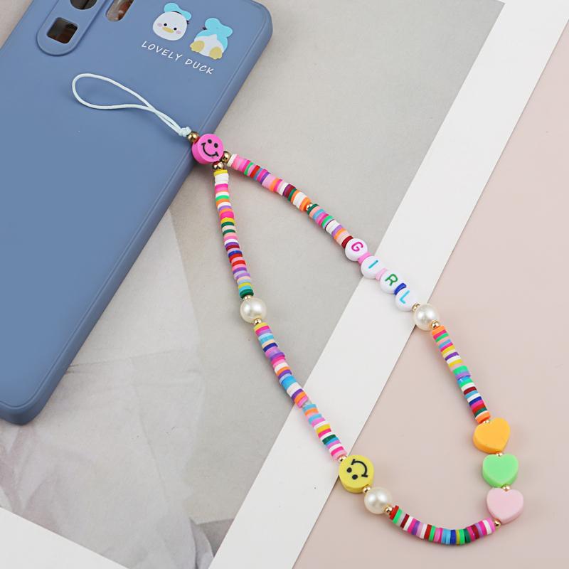 Keychains Mobile Phone Strap Lanyard Accessory Rope Soft Pottery Colorful Smiling Heart Pearl For Women Girl Cellphone Hanging Cord Gifts