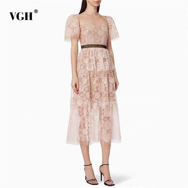 Pink Patchwork Sequin Mesh Dress For Women Square Collar Short Sleeve High Waist Midi Dresses Female Summer Fashion 210531