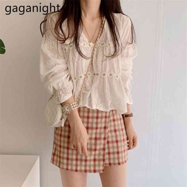 Women V Neck Lace Tops Blouses+ Irregular Plaid Mini Skirts Suits Woman Two Pieces Sets Vintage Floral Shirt Outfits 210601