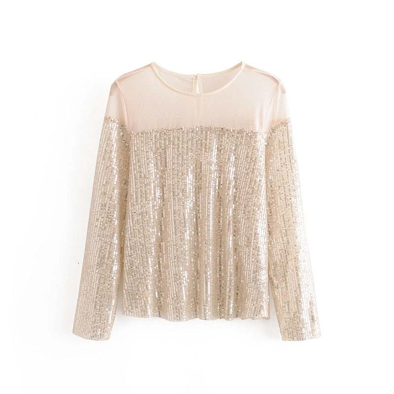 Women&#039;s Knits & Tees Sweet Women Mesh Sequined Patchwork Shirts Fashion Ladies Loose Tops Elegant Female Party Beige Blouses Chic