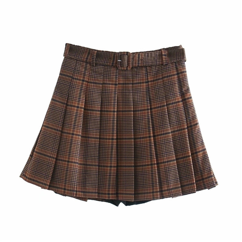 Skirts Women Fashion High Waist Plaid Za Mini With Belt Female Casual A-line Brown Pleated Short Skirt mujer faldas 7UG3