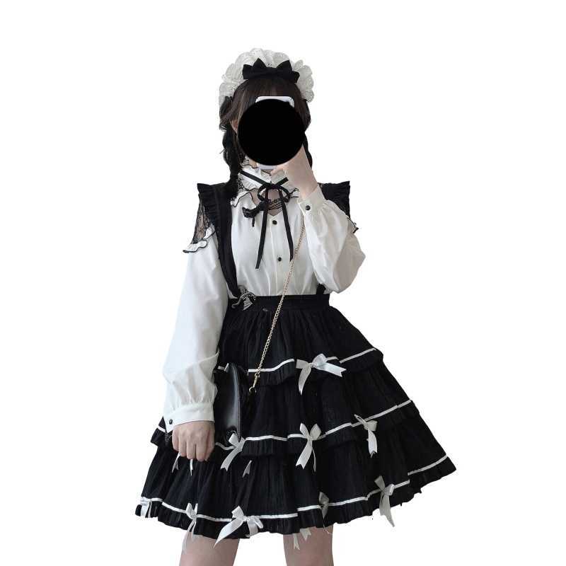 Skirts Lolita Kawaii Black Pleated Skirt Women Vintage Ruffle Lace Strap Gothic High Waist School Girl Cosplay Mini Suspender J35V