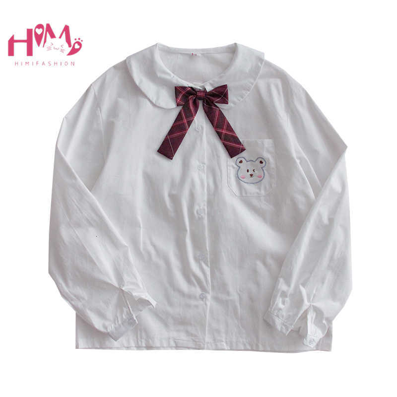 Women&#039;s Blouses & Shirts White Teen Girls Autumn Long Sleeve Kawaii Bear Blouse Women Tops Harajuku Cute Bow Tie Jk School Uniform