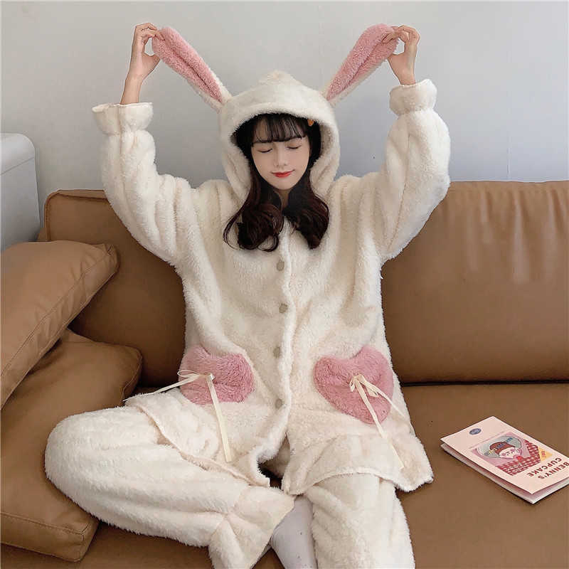 Women&#039;s Sleepwear Winter Cute Flannel Pajama Set Women Kawaii Plush Bunny Ear Long Sleeve Fleece Warm Two Piece Sleep Home Lounge