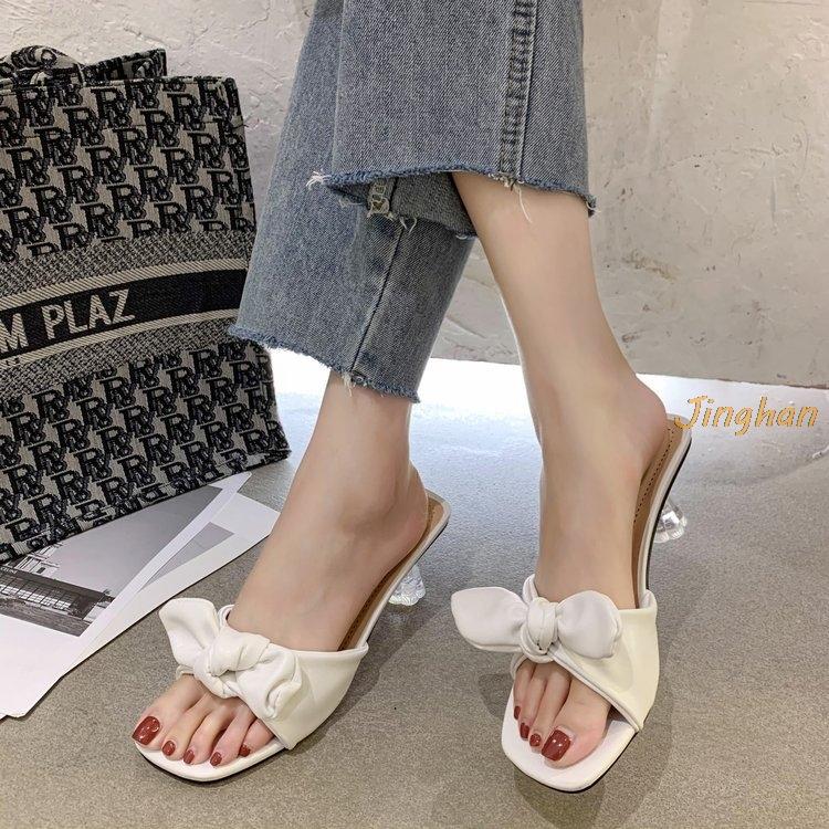 Slippers 2021 Summer Women&#039;s Cute Candy Color Butterfly-knot Square Heel Ladies Fashion Comfortable Shoes